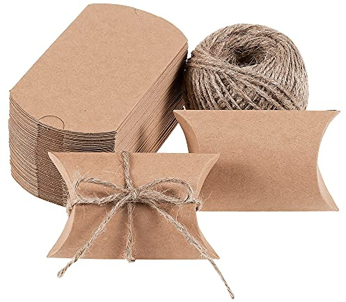 MATICAN Pillow Boxes - 50 Pack Gift Boxes with Twine - Kraft Mini Favour Boxes (3.5 x 2.5 x 1 Inches)