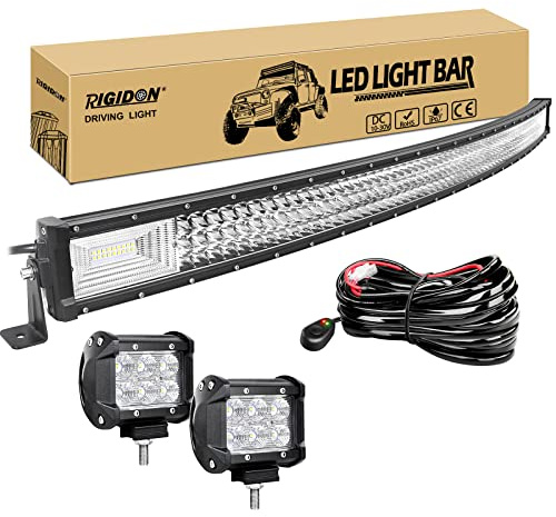RIGIDON 52 Zoll 132cm 675W Gebogene led Lampe, Dreireihige Led lichtleiste kfz mit 12v kabelbaum kit, 2 pcs 4 Zoll 18W flutstrahler, Offroad Beleuchtung für Auto SUV ATV, UTV, LKW 4x4, Fahrzeuge