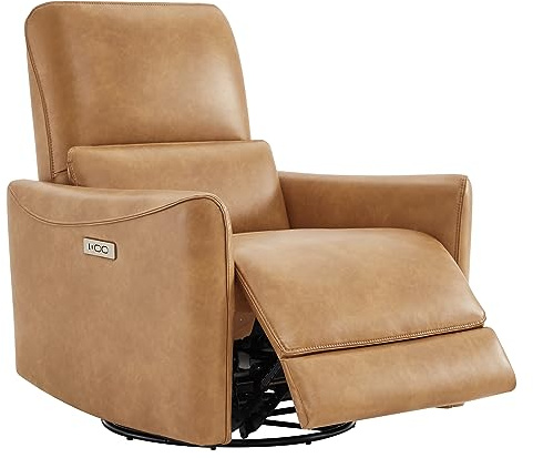 CHITA Power Recliner Chair Swivel Glider, FSC Certified Upholstered Faux Leather Living Room Nursery Reclining Sofa Chair with Lumbar Support, Cognac Brown