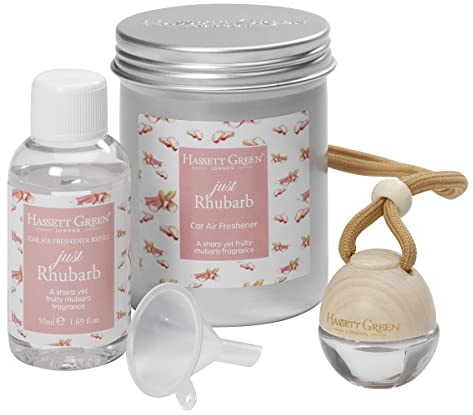 Hassett Green London Just Rhubarb Car Air Freshener & Refill Kit | Empty wooden-top freshener & 50ml oil, Sharp, tangy fruit aroma, Refillable design, For cars & small spaces