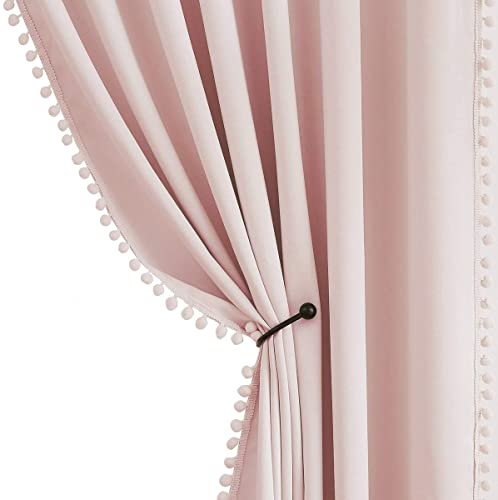 Pom Pom Pink Blackout Curtains for Living Room 90-inch Drop Bedroom Light Blocking Pink Curtains Energy Saving Triple Weave Full Blackout Window Treatment Sets Pencil Pleat, 50 w 2pcs