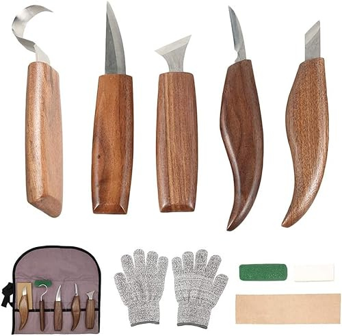 10 in 1 Set di Strumenti per Intaglio del Legno Professionali Include 5 Coltelli Pietre Abrasive Cera per Lucidare Cucchiaio di Legno Guanti Resistenti al Taglio e Custodia per lavorazione del legno