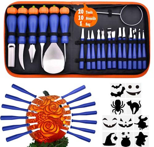 CarveFun Pumpkin Carving Kit Heavy Duty Stainless Steel Tools with Carrying Case (Total 31 Pieces) Pumpkin Carver Pumpkin Sculpting Set Halloween Party Decorating Gift for Adults (Blue)