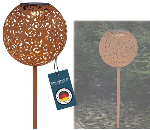 bmf-versand® Solarlampe für Außen Garten Deko - Gartenlampe Kugel Rostoptik 18,5 cm - Solarleuchte Erdspitz - Aussenlampe LED Balkon - Gartenlampe Solarkugel Laterne