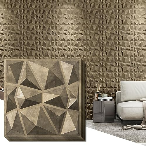Art3d 33 piezas Paneles de pared 3D diamante 30 x 30 cm, PVC de alta rigidez, indeformable, reciclable, impermeable, resistente al calor, inodoro,dorado antiguo