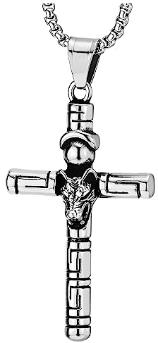 Vikingo Acero Inoxidable Cabeza de Lobo Cruz Colgante Collar para Hombre, Cadena de Trigo 75CM