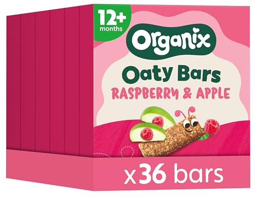 Organix Raspberry and Apple Organic Oaty Snack Bars Multipack, Toddler Snack 12+ Months, No Added Sugar, 6 x 23 g Bars Per Box (6 Boxes Total) - Packaging May Vary