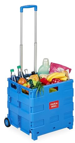 Relaxdays Einkaufstrolley, Klapptrolley mit Rollen & Teleskopgriff, bis 35 kg, Faltbare Einkaufshilfe, Rolltrolley, blau