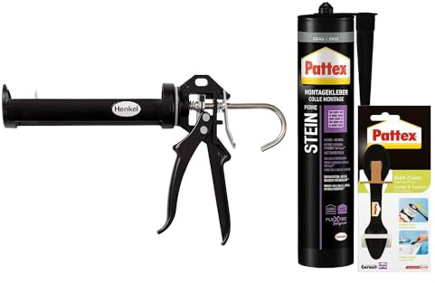 Pattex Montagekleber Stein, für Naturstein und Stein(-werkstoffe), starker Steinkleber für innen und außen, Grau (1x420g) & Pattex Profi Metall Kartuschenpistole & Glätt-Cutter