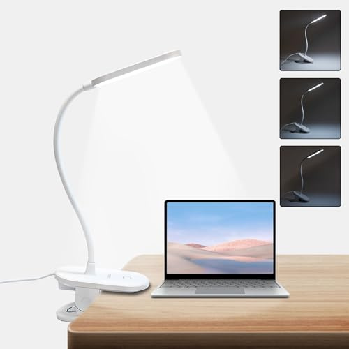 LQWELL® LED-Klämlampa För Läsning Och Studier, Dimbar Clip-On-Ljus, 3 Ljusstyrka Och 360° Flexibel Skrivbordslampa För Hemmakontor (Vit)