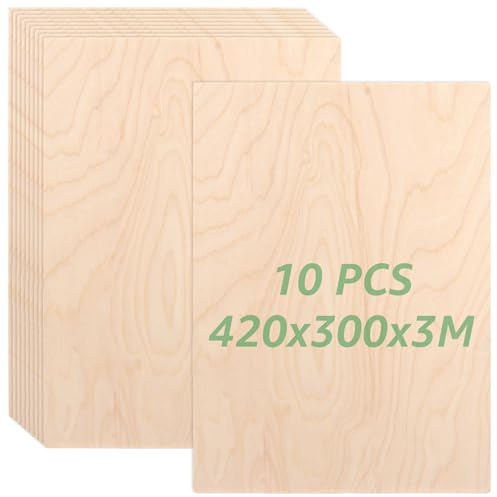 ZOFUN 10 placas de madera contrachapada A3 de 3 mm, 420 x 300 mm, contrachapado de abedul, cortes finos de madera para manualidades, para manualidades, carpintería láser, pirograbado, modelismo,