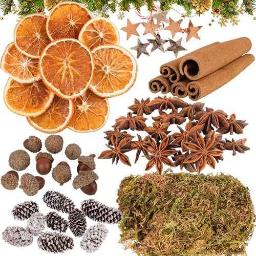 Weihnachtsdeko Adventskranz Deko Set, 62 Stück Potpourri Weihnachten Dekoration Bastelset Adventskranz mit Tannenzapfen, Eichel, Zimtstangen, Getrocknete Orangenscheiben, Sternanis, Moo und Pentagramm