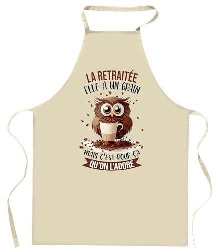 Planetee Tablier de cuisine La Retraitée Chouette Café | Cadeau Original Humour pour Cuisinière Vêtement Blouse de protection Barbecue Jardinage Tablier de Travail Tâches ménagères