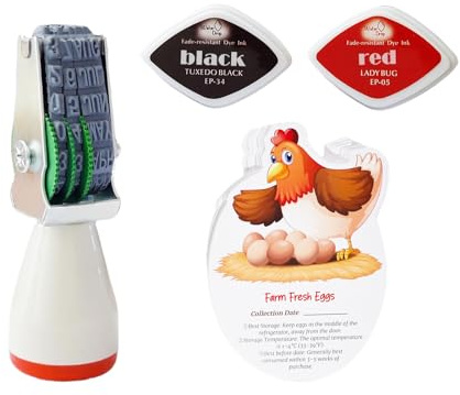 Äggdater-kit, datumstämpel, 2 blekningsbeständiga bläckdynor (röd och svart), 4 cm gummi ägghållare, datumstämpeldyna, färskt äggstämpel, bläckdyna för äggmärke, gård, kontor, fraktmottagning