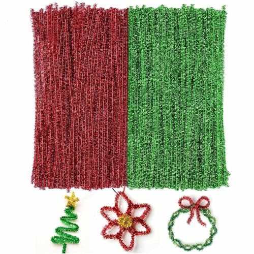 Red and Green Glitter Pipe Cleaners, 200PCS Sparkly Pipe Cleaners for Craft, 30CM Christmas Pipe Cleaners, 6mm Glitter Craft Pipe Cleaners for DIY Craft Projects, Christmas Ornament Making