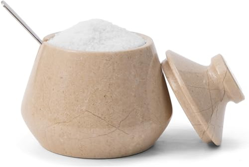EARTHEN CRAFTS Verona - Bicchiere in marmo con coperchio e cucchiaio, 7,6 cm, fatto a mano, per zucchero, condimenti, saliera e spezie, accessori da cucina