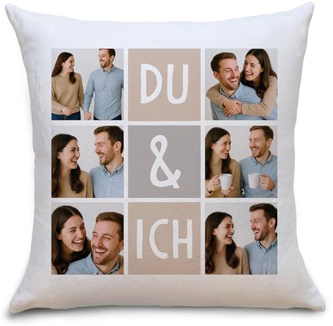 OWLBOOK® Personalisiertes Foto Kissen mit 6 Fotos & Text | Du & Ich Partner Geschenke für Sie & Ihn Paare mit eigenem Foto als Valentinstagsgeschenk Polster 40x40 zzgl. Füllung