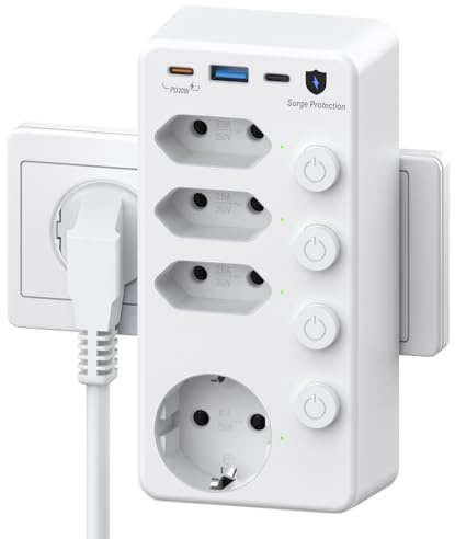 Mehrfachstecker für Steckdose, 4 Fach Mehrfachsteckdose mit Schalter, Doppelsteckdose Steckdosenleiste Überspannungsschutz, PD 20W Steckdosenadapter Drehbare für Küche und Wohnzimmer, Weiß