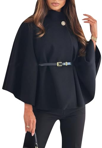 OMZIN Femmes Cape Manteau De Pois Travail Casual Batwing Manteau Longue Longueur Col Montant Ouvert Veste Automne Noir M