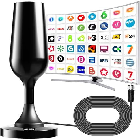 Antena TV Interior Potente, Antena TDT Interior, Antenas TV Interior Portátil 4K HD, recibe Canales Locales Recepción 360° Omnidireccional, Sin Costos de Suscripción, Cable 8.2ft + Base Magnética
