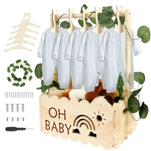 Babyshower-korg i trä, babykorg med handtag, skötkorg med klädhängare och kransar, presentkorg, babyparty skåp, förvaringskorg, för gravida kvinnor, nya föräldrar (naturträfärg)
