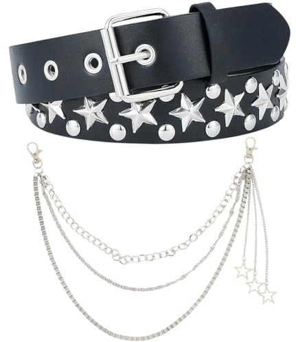 CALFOVERA Cinturón Gótico de Cuero Sintético con Tachuelas de Estrella, Cadena Y2K, Hebillas de 3.6cm de Ancho, Estilo Punk Rock, con Remaches Piramidales de Metal, para Vaqueros de 81 a 84cm