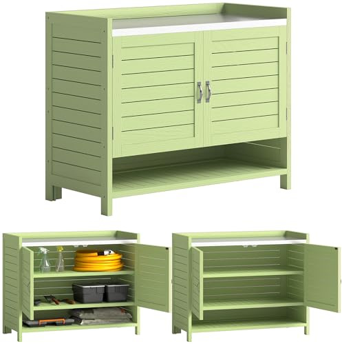 Outsunny Pflanztisch mit Unterschrank aus Holz Outdoor Gartenschrank mit verzinkter Arbeitsplatte 3 Regalböden Doppeltüren wetterfest Gärtnertisch für Garten Balkon Terrasse 88 x 40 x 70,5 cm, Grün