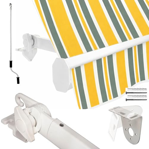 SOLEILUX Tenda Da Sole con caduta 2,50mt Con Bracci Regolabili E Rinforzati - Gialla e Grigia rigata - DISPONIBILE IN 3 MISURE (L 2 mt x H 2,50mt)