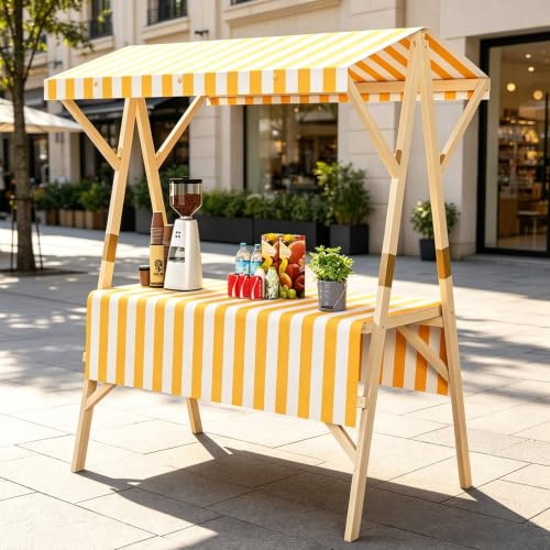 PAKMEZ Puesto de Mercado Plegable de Madera con Toldo a Rayas, Carrito de Venta Portátil para Eventos Ferias y Tiendas Pop-up