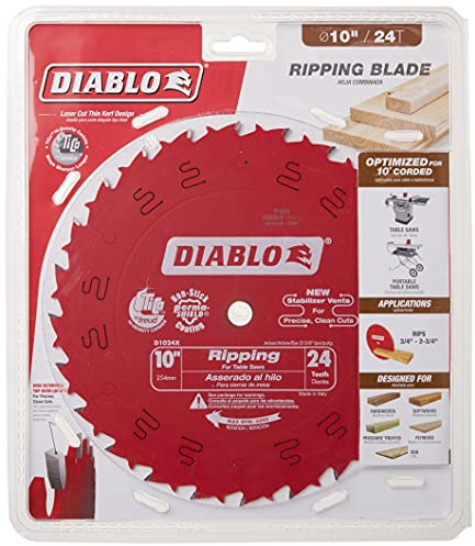 Diablo Ripping Saw Blade for Wood - 10 Diameter, 24 ATB Teeth, 5/8 Arbor, .098 Kerf, 15° Hook Angle, .071 Plate, Max 6000 RPM - D1024X