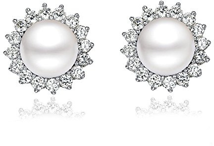 Sunshine 925 Sterling Silver Pearl Earrings Stud AAA Zirconia 9mm Freshwater Pearl Jewelry for women (Earrings)