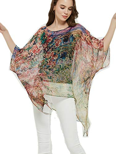 Prettystern Donna Estivo Seta Chiffon Poncho Tunica Kimono Camicetta Vestito dalla Spiaggia di Estate Claude Monet Rose