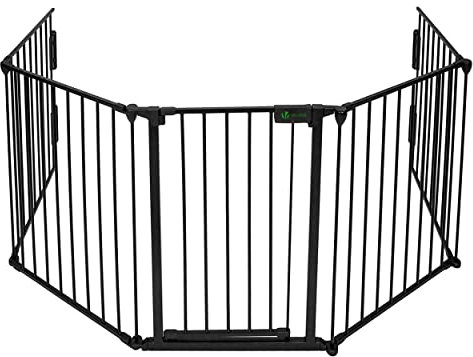 VOUNOT Kaminschutzgitter Metall, 5 Elemente inkl. Sicherheitstür, Ofenschutzgitter Faltbar, Tierschutzgitter Türschutzgitter für Kinder-Sicherung, Schwarz 300x75 cm
