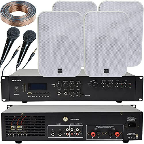 400W Stereo Bluetooth Audio & Voice Public Address System | 2 Channel Mixer Amplifier Amp Kit | 4x 200W White Wall Mounted Speakers | Loud Wireless Music | School Assembly Town Hall | Echo Alexa