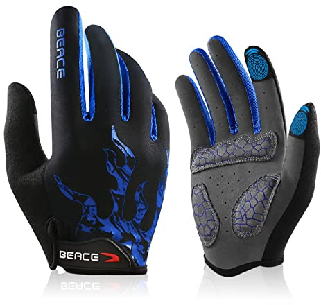 BEACE Cycling Gloves, Men's Blue Touch Screen Full Finger Mountain Bike Gloves, Padded Anti-Slip Road Bicycle Gloves with Silicone Palm, for Workout, Breathable, Ambidextrous, Hook Closure
