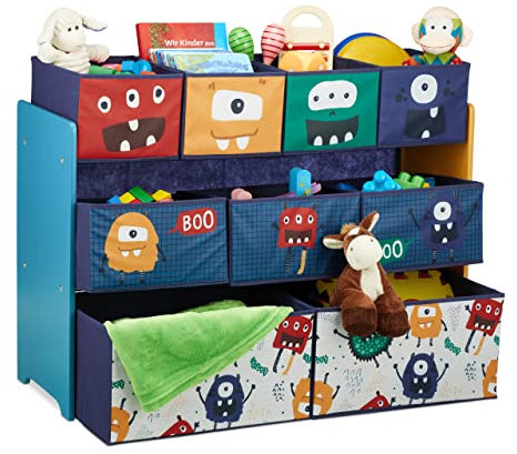 Relaxdays Kinderregal mit 9 Stoffboxen, Monster Design, HxBxT: 70 x 92,5 30 cm, Spielzeugregal fürs Kinderzimmer, bunt, Dunkelblau, Türkis, Orange