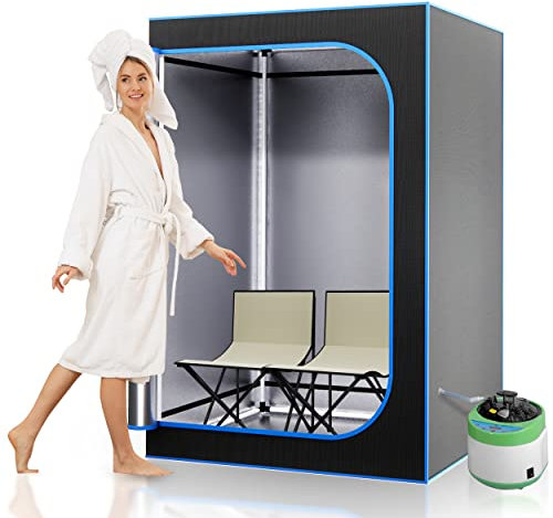 SereneLife Compact Portable Steam Sauna-Detoxify & Soothing Infrared Heated Body Therapy, Energy & Power-Efficient Design, Includes Folding Chair & Heated Foot Pad (Black)