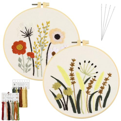 AUAUY Stickset für Anfänger, Blumenmuster Pflanzen Sticken Set Erwachsene Stickerei Set mit 2 Stück Bambus Stickrahmen, Anleitung, Farbfäden und Werkzeuge, Kreuzstich Set für DIY Kunst, Handwerk