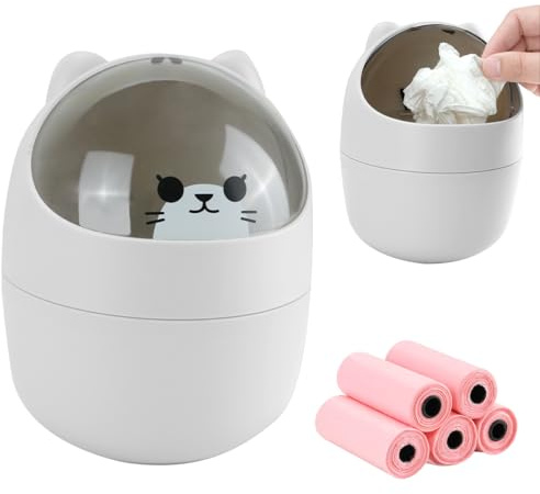IBEQUEM Mini Cubo Basura Escritorio Gris con Tapa y 5 Rollos Bolsas