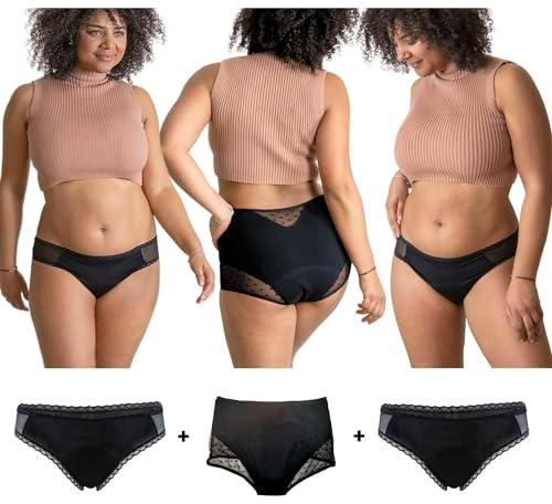 Oséclore Pack de 3 [ropa interior de algodón orgánico sangrado fuerte] + bolsa de lavado, ropa interior menstrual Oeko tex, ropa interior periodal con encaje niña mujer, bragas de periodo, Negro ,