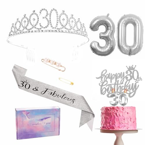 Decorazioni per il 30° Compleanno - Set Tiara, Nastro per Feste, Corona, Decorazione per Torta, Numero 30, Palloncini in Pellicola, Candele, Regali per Donne