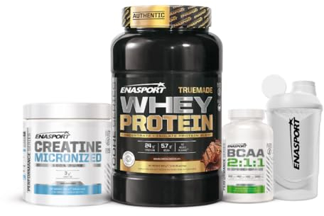 Enasport Pack Proteína de Suero de Leche 907g + Creatina Monohidrato 300g + BCAA 2:1:1 + Shaker, Recuperación y Crecimiento Muscular (907, Chocolate)