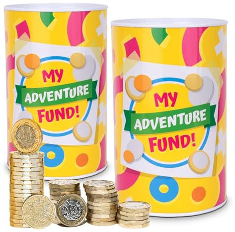 SOL 2pk My Adventure Fund Money Box, 8cm x 12.7cm Break-to-Open Tin, Unopenable Piggy Bank for Adults and Kids, Large Capacity, Colourful, Ideal for Gifting and Achieving Saving Goals