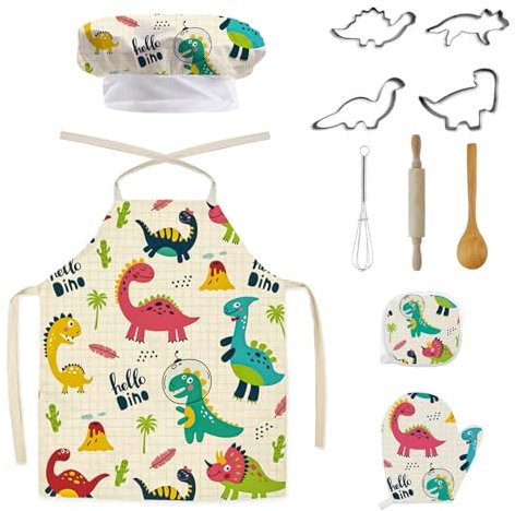 Wisebom Ensemble de Cuisine Enfant Costume de Chef, 11Pcs Dinosaure Tablier Toque de Chef Gants Rouleau à Pâtisserie, Kit Pâtisserie Enfant Jouets de Cuisine pour Garçons Filles (Blanc)