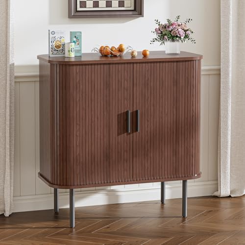 BonVache Sideboard, Buffet Storage Cabinet for Living Room, Kitchen Cupboard with Tambour Sliding Door, Storage Unit for Modern Home Dinning Room,Walnut