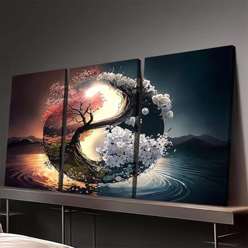 CAOXTART Set de cuadros Yin Yang en lienzo – Arte mural de paisaje natural, póster y láminas de árboles en flor, decoración moderna para el hogar (30x40cmx3/Sin marco)