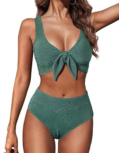 Hanna Nikole Ensemble bikini pour femme, maillot de bain gainant, push-up 2 pièces, bikini texturé taille haute, maillot de bain modeste, maillot de bain à paillettes avec nœud cravate
