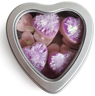 16 Wax Melts efecto joya - Esencia a Mora - Lata corazón (algodón de azúcar y fresa) - Cera artesanal premium, decorados a mano, aroma dulce