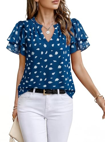 Timeson Womens Blouse: Business Casual Flowy Lightweight Breathable Short Sleeve Shirts for Women Work Office — Womens Summer Tops Wrinkle Free Cute Chiffon Professional Interview Clothes Curvy Tall