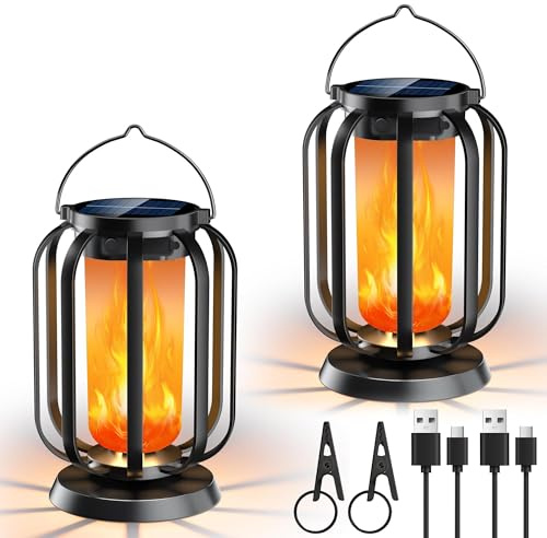 Lanterna a fiamma solare per esterni, 2 pezzi, lampade solari IP65 impermeabili con 3 temperature colore, lanterna per balcone e giardino, decorazione per Halloween, illuminazione per esterni per